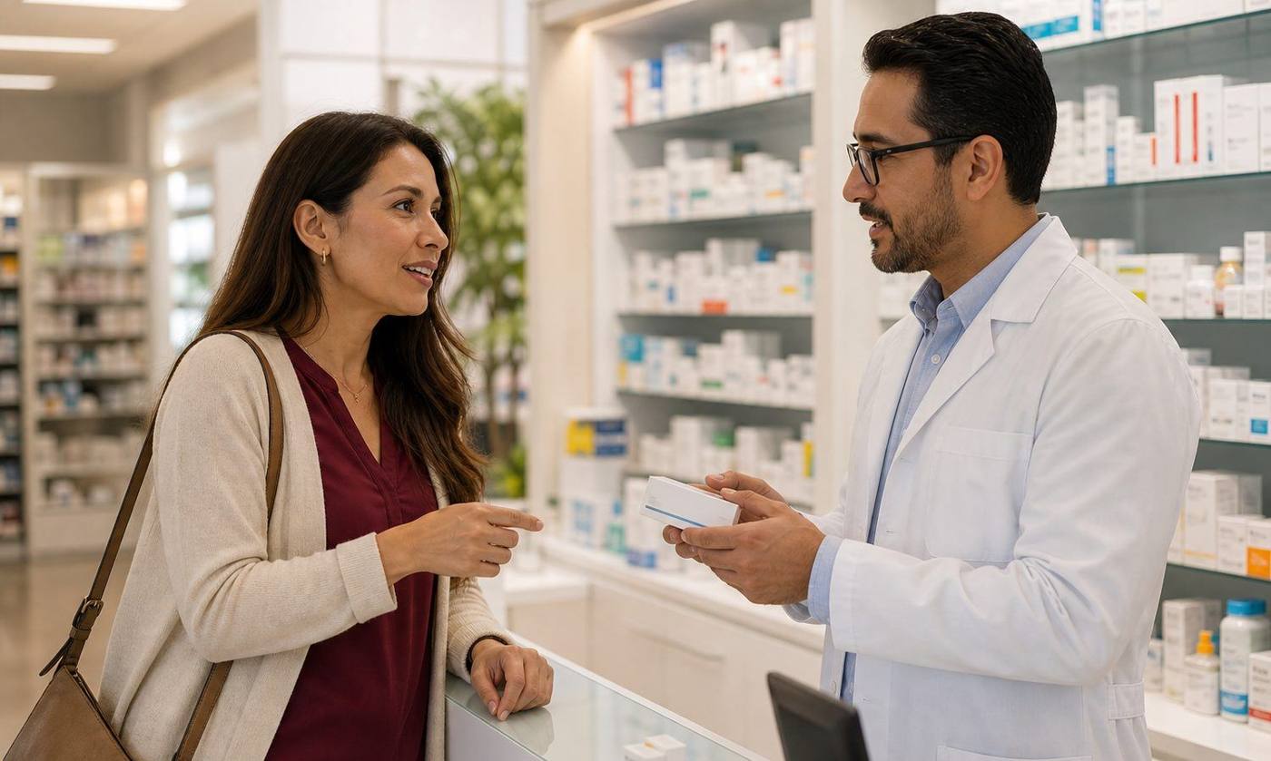 Clienta atendida por un farmacéutico en el mostrador — Cliente Misterioso de Buenavoz