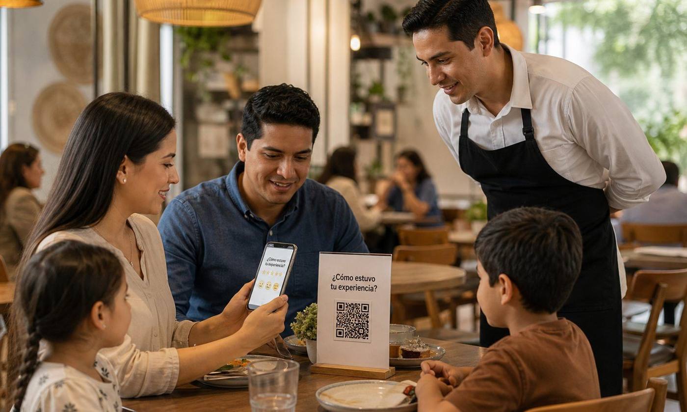 Cliente respondiendo una encuesta desde un QR en la mesa de un restaurante — Voz del Cliente de Buenavoz